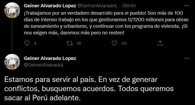 Ministro Geiner Alvarado rechaza anuncio de Patricia Chirinos de promover la vacancia de Pedro Castillo. Imagen: Captura de Twitter