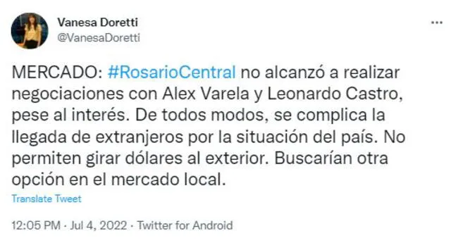 Publicación sobre llegada de Alex Valera a Rosario Central. Foto: captura Twitter