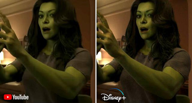 Imágenes comparativas de las mejoras en el CGI de "She-Hulk". Foto: Disney+