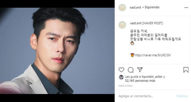 Post de VAST Entertainment sobre Hyun Bin. Créditos Instagram.