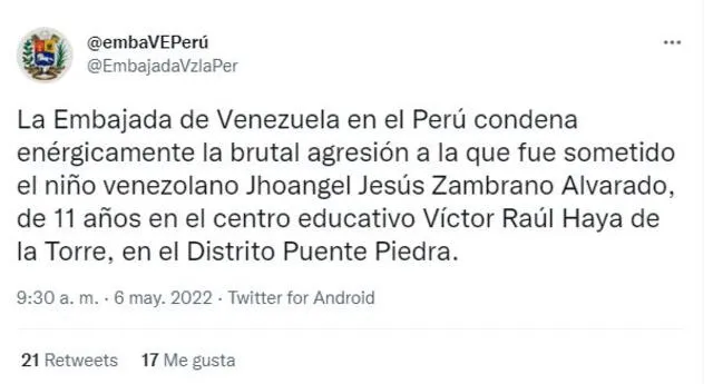 Embajada de Venezuela se pronuncia sobre el caso del niño migrante agredido en un colegio en Puente Piedra. Foto: captura Twitter