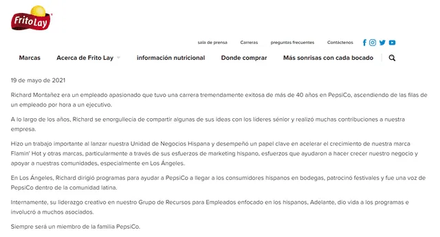 El comunicado se encuentra en la página oficial de Frito-Lay. Foto: captura/Frito-Lay.