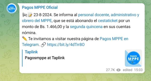 El pago de la Segunda Quincena y Cestaticket de este mes llegó el 23 de agosto. Foto: Pagos MPPE/ Telegram