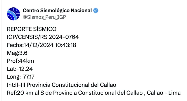 Temblor remeció Lima y Callao esta mañana del 14 de diciembre. Foto: IGP/X   