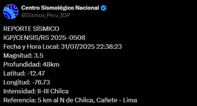  Sismo de magnitud de 3,5 sacude Lima. Foto: IGP   