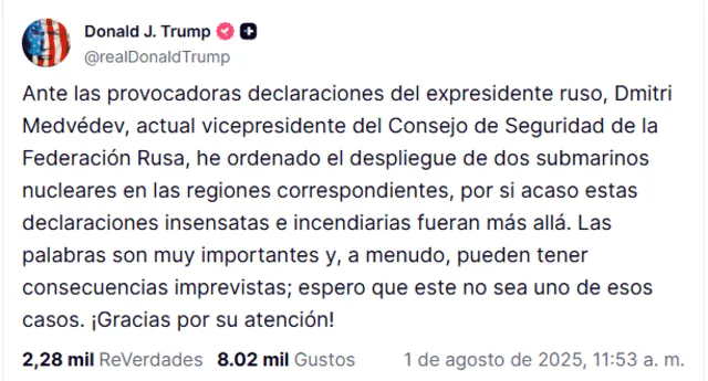 Trump usó su cuenta oficial para anunciar el envío de submarinos. Foto: Truth Social. Trump usó su cuenta oficial para anunciar el envío de submarinos. Foto: Truth Social.
