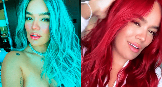 La cantante Karol G pasó de tener el cabello color azul a tenerlo rojo. Foto: composición LR/Karol G/Instagram