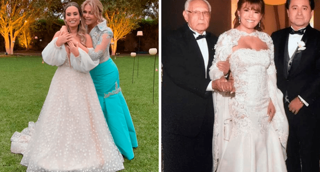 Gisela Valcárcel y Magaly Medina celebraron bodas con vestidos de la misma diseñadora. Foto: composición LR Instagram/@LaPozo/Cosas