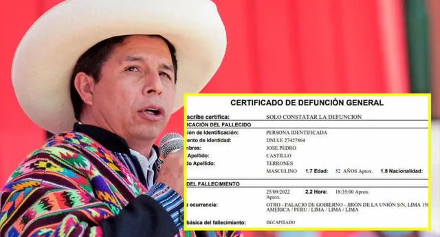 ¿Por qué el presidente Pedro Castillo figura como 'decapitado' según certificado de defunción de Reniec?