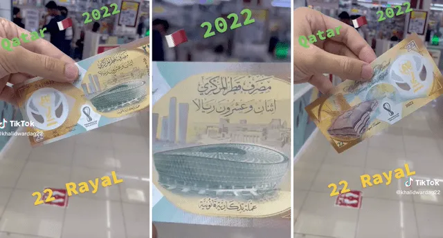 Billete conmemorativo del Mundial Qatar 2022 es la sensación en TikTok. Foto: composición LOL / TikTok: @khalidwardag22