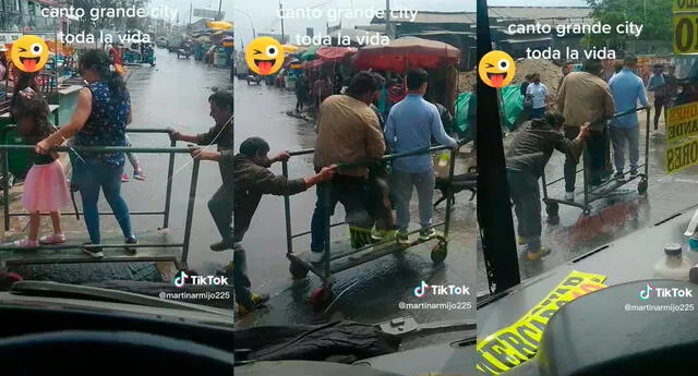 Peruano usa una carreta para trasladar a peatones en una calle inundada: “La creatividad”