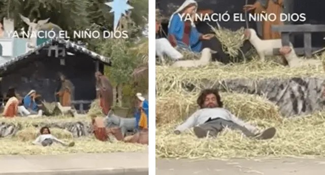 Hombre ebrio se quedó dormido en medio de un pesebre navideño y se hace viral: "Ya nació el niño Dios"