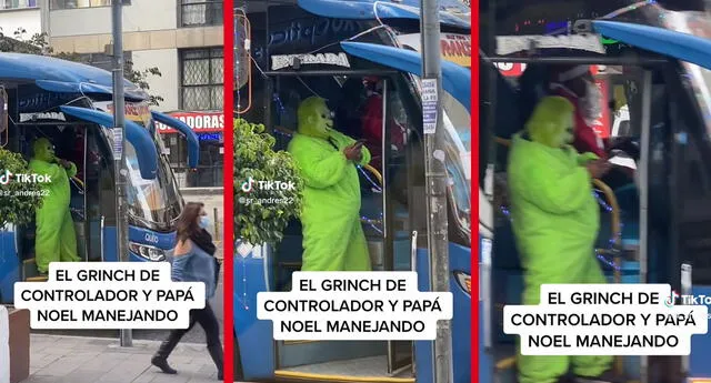 TikTok viral: chofer y cobrador de bus se visten de Papá Noel y el Grinch para atraer pasajeros