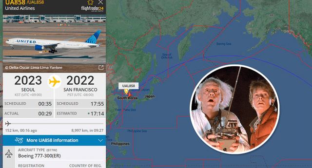 Avión despegó en 2023 desde Corea del Sur y aterrizó en 2022 en Estados Unidos.  Foto: composición LOL / Twitter: @ Flightradar24 / Universal Pictures