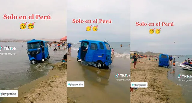 Mototaxi sorprende al llegar hasta la orilla del mar: “Cree que es moto acuática”