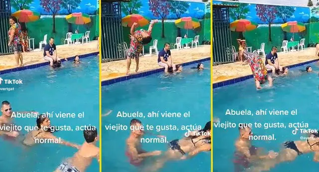 Abuelita es captada dando un salto mortal en piscina y se hace viral: "'Actúa normal', le dijeron"