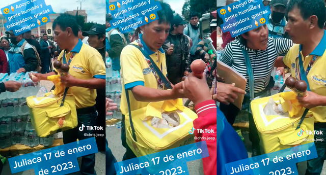 El trabajador recibió agradecimientos de todos los manifestantes. Fuente: composición LOL/captura de TikTok/@chris.jeep