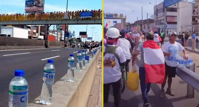 En plena carretera se observó a ciudadanos regalando botellas de agua. Foto: Landagavino/captura Twitter