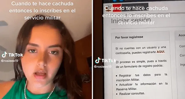 Joven peruana se vengó de su pareja y lo inscribió en el servicio militar tras enterarse de su infidelidad. Foto: composición LOL/captura de TikTok/@rosieee19