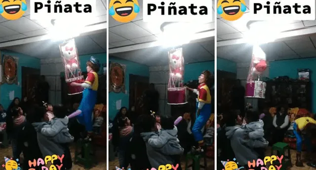 Payasito sufrió accidente en pleno juego de la piñata. Foto: composición LOL/TikTok/@chesito_shows
