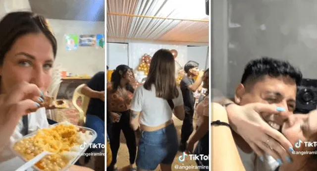 La mujer no tardó en adaptarse a la fiesta local, llegando a comer con la mano y bailando chicha con la familia de su pareja. Foto: composición LOL/captura de TikTok/Ángel Ramírez