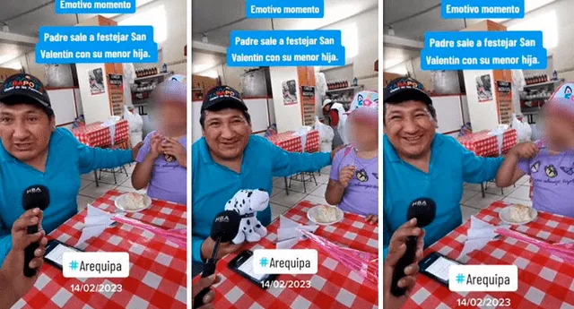 Reportero arequipeño entrevistó a padre de familia y su pequeña hija durante almuerzo por San Valentín. Foto: composición LOL / TikTok: @hbanoticias