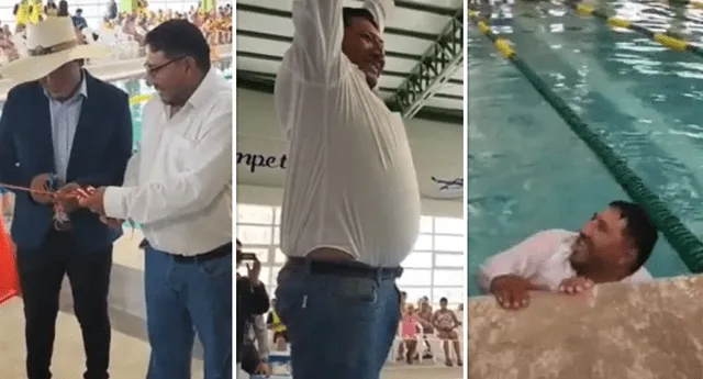 Roberto Muñoz Pinto se lanzó a una piscina para celebrar su inauguración. Foto: composición LOL / TikTok