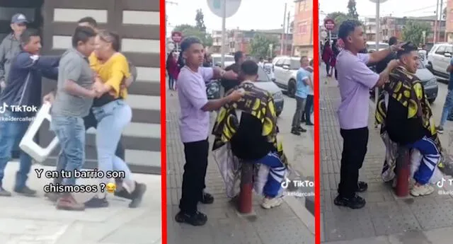 El joven barbero no pudo evitar interesarse en el pleito de sus vecinos y se hizo viral. Foto: composición LR/keisercalle6/captura TikTok