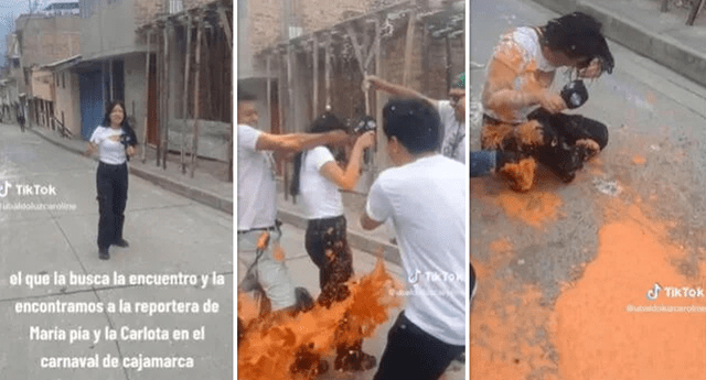 Reportera terminó de color naranja luego de que unos ciudadanos cajamarquinos la bañaran en pintura. Foto: composición LOL / TikTok