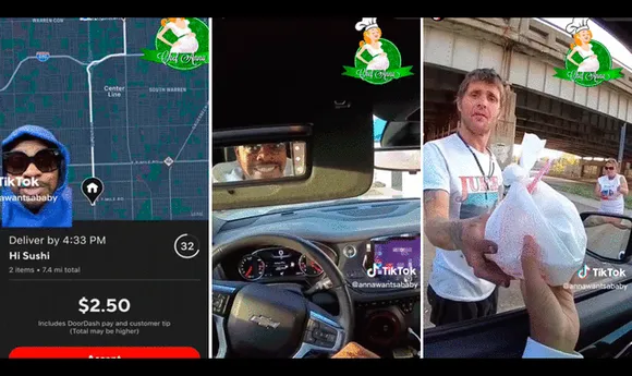 El furioso repartidor no lo pensó dos veces para regalar el sushi del cliente a un indigente. Foto: composición de LR/TikTok/@Annawantsababy