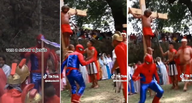 Semana Santa | TikTok: viral | Spiderman interviene en teatro sobre la  crucifixión de Jesús: 