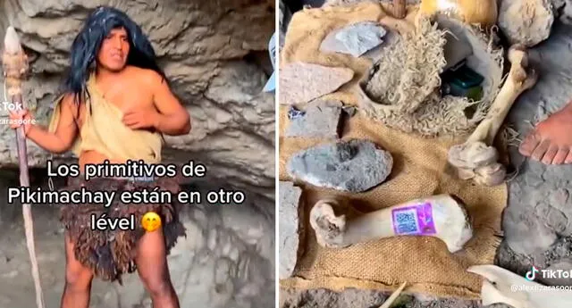 Joven representa al hombre primitivo de Pikimachay. Foto: composición LOL/captura de TikTok/@AlexLizarasoOre