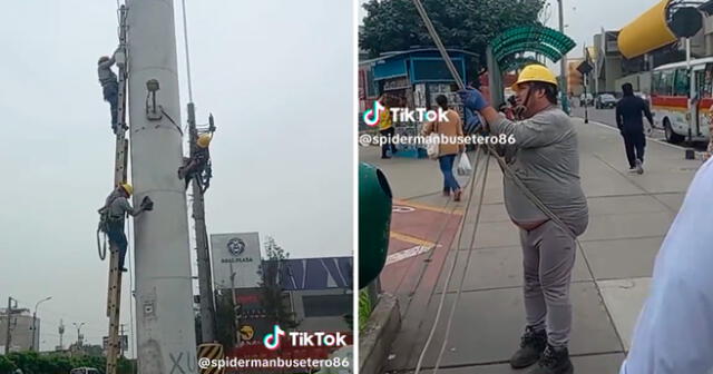 La peculiar estrategia del trabajador peruano asombró a los transeúntes. Foto: composición LOL/captura de TikTok/@Spidermanbusetero86