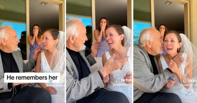 La mujer se mostró emocionada al ver que su padre pudo reconocerla. Foto: composición LOL/captura de TikTok/@WeddingFiesta