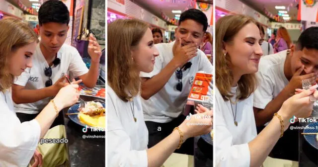 La joven ucraniana terminó maravillada por el sabor de la gastronomía peruana.  Foto: composición Lol/captura de TikTok/@vinshenso.1