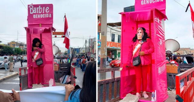 El manifestante impactó las redes con su peculiar disfraz de 'Barbie genocida'. Foto: composición LOL/captura de Twitter/Ojo Público