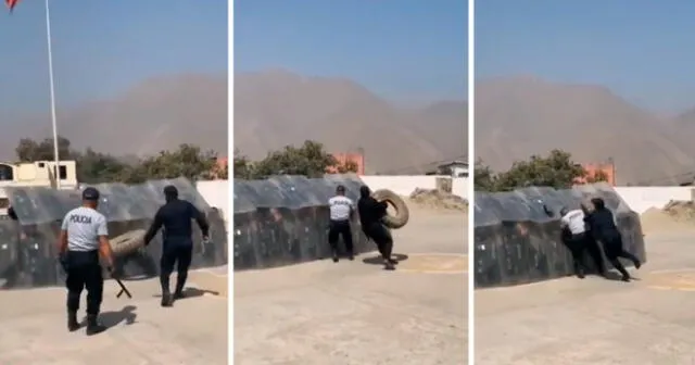 El policía quedó en shock al ver que golpeó a su compañero con la llanta. Foto: composición LR/captura/@9ocana/TikTok