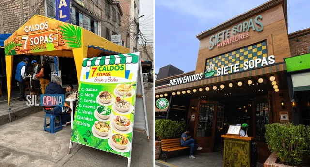 Caldos 7 Sopas ofrece un plato por cada día de la semana, según el cartel ubicado en el local. Foto: composición LOL / Facebook @FloroPeruano / Instagram @SieteSopas