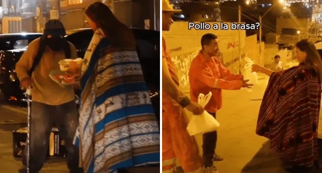 Entrega pollo a la brasa a recolectores de basura y vendedores ambulantes y se roba el corazón de peruanos. Foto: Composición LR/TikTok/@tomaccion