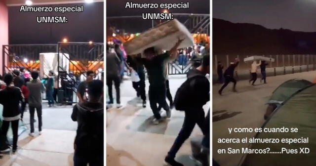 Los estudiantes llevaron un colchón para acampar y poder obtener una ración del almuerzo especial UNMSM. Foto: composición LOL/captura de TikTok/@Grecia_Flavii