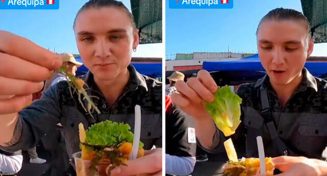 El muchacho miró los platillos durante unos segundos y, posteriormente, botó la lechuga. Foto: composición LR/capturas de TikTok/@Pilgartexplores