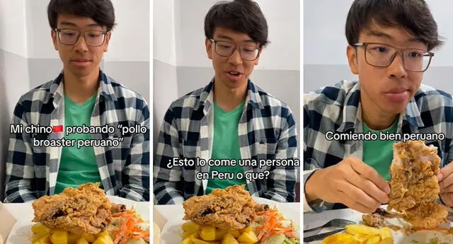 El joven de China mostró su aprobación al gran plato de pollo broaster. Foto: composición LOL / capturas de TikTok / @El.team.ye