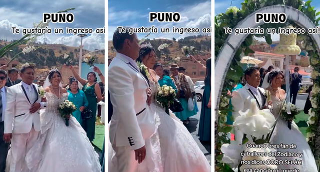 La pareja se mostró contenta de entrar a su boda a ritmo de 'Los caballeros del zodiaco'. Foto: composición LOL / capturas de TikTok / @Coroselah / .