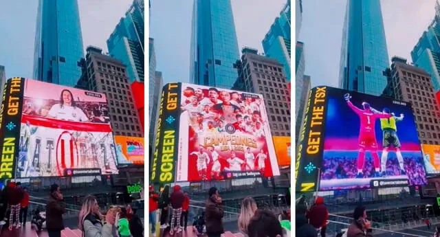 Un grupo de hinchas cremas alquilaron una pantalla para que su equipo aparezca en Times Square. Foto: composición LOL / capturas de TikTok / @Giomar.rm
