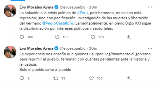 El expresidente de Bolivia, Evo Morales, se pronuncio en Twitter sobre crisis en Perú