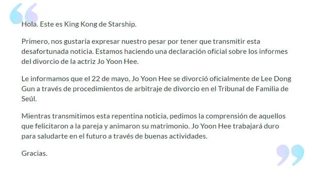 Comunicado de la agencia de Jo Yoon Hee,  King Kong by Starship confirmando su divorcio. 28 de mayo, 2020. Captura SOOMPI.