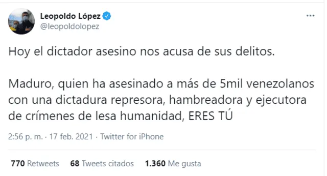Tuit de Leopoldo López. Foto: captura de Twitter