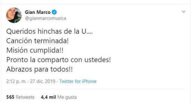 Gian Marco anunció que terminó de componer canción para Universitario.