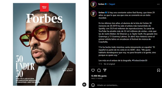Bad Bunny en la revista Forbes. Foto: Instagram/Forbes   