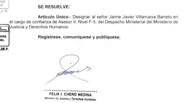  Tercer cargo de confianza de Jaime Villanueva en el Gobierno de Castillo. Foto: captura de documento   